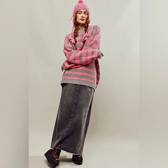 NWOT Free People, Links Pullover, Pink/Gray Stripes - Picture 3 of 8